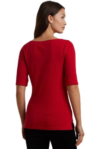 LAUREN RALPH LAUREN RFND STRTCH 1X1 RIB-ELB SLV BT NK TOP 94%COT,6%ELST RED