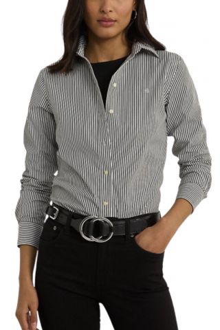 LAUREN RALPH LAUREN 50S STRTCH NON IRON-LS SHIRT W/ CHST EMB BLACK/WHITE