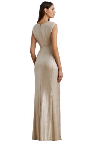 LAUREN RALPH LAUREN ILLMNTNG STRCH KNIT-LONG GOWN W/ TRIM CHAMPAGNE