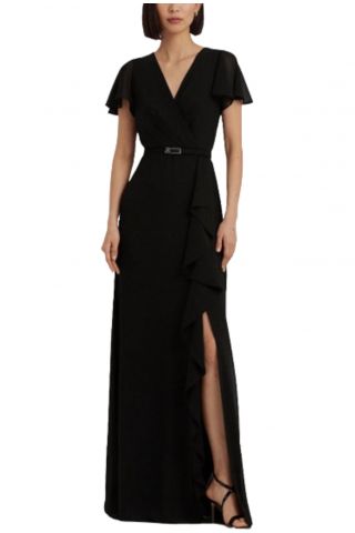 LAUREN RALPH LAUREN POLY CRINKLE GGT 58-GOWN W/ BELT BLACK