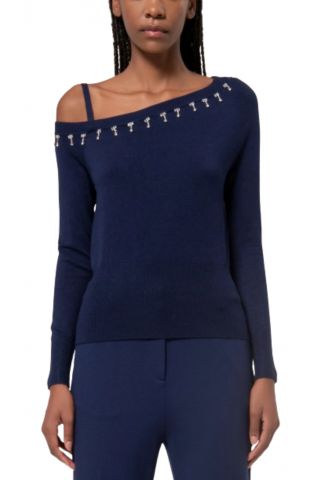 FRACOMINA KNITTED EMBELLISHED ASYMMETRIC SWEATER DARK BLUE