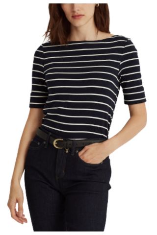 LAUREN RALPH LAUREN RFND STRTCH 1X1 RIB-ELB SLV BT NK TOP STR NAVY/WHITE