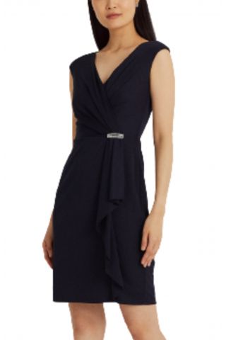 LAUREN RALPH LAUREN STR MATTE JERSEY-CKTL DRESS W/ TRIM NAVY BLUE