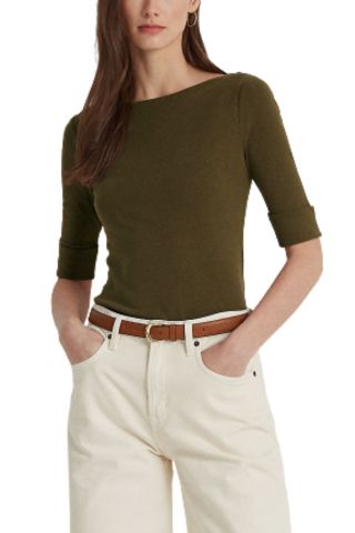 LAUREN RALPH LAUREN RFND STRTCH KHAKI 1X1 RIB-ELB SLV BT NK TOP