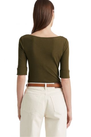 LAUREN RALPH LAUREN RFND STRTCH KHAKI 1X1 RIB-ELB SLV BT NK TOP