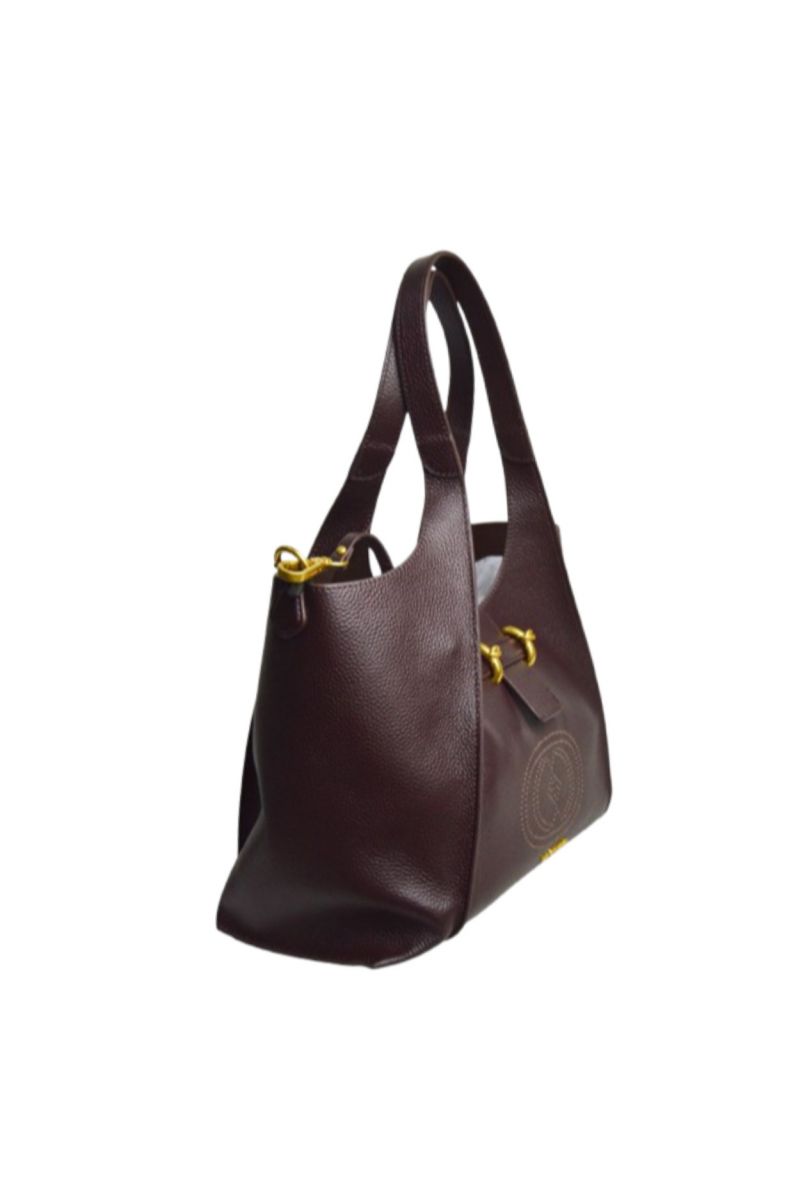 LA CARRIE DRILLED LOGO BIG SHOULDER BAG TUMBLED LEATHER DARK BROWN