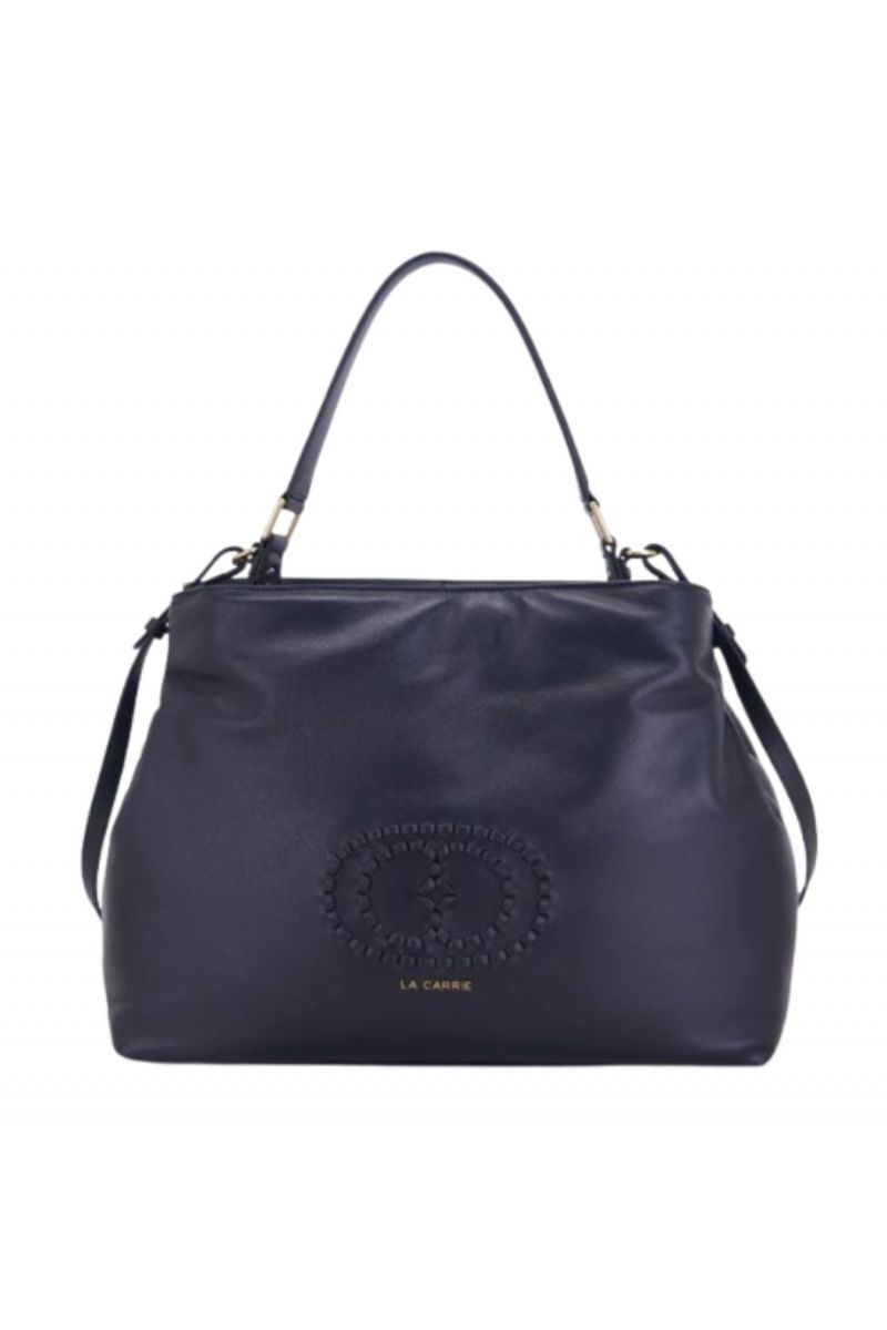 LA CARRIE WOVEN LOGO HOOK SHOPPER LEATHER BLACK