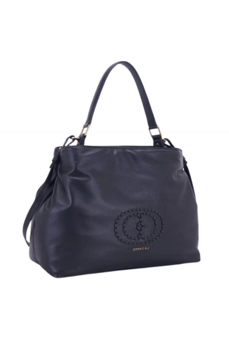 LA CARRIE WOVEN LOGO HOOK SHOPPER LEATHER BLACK