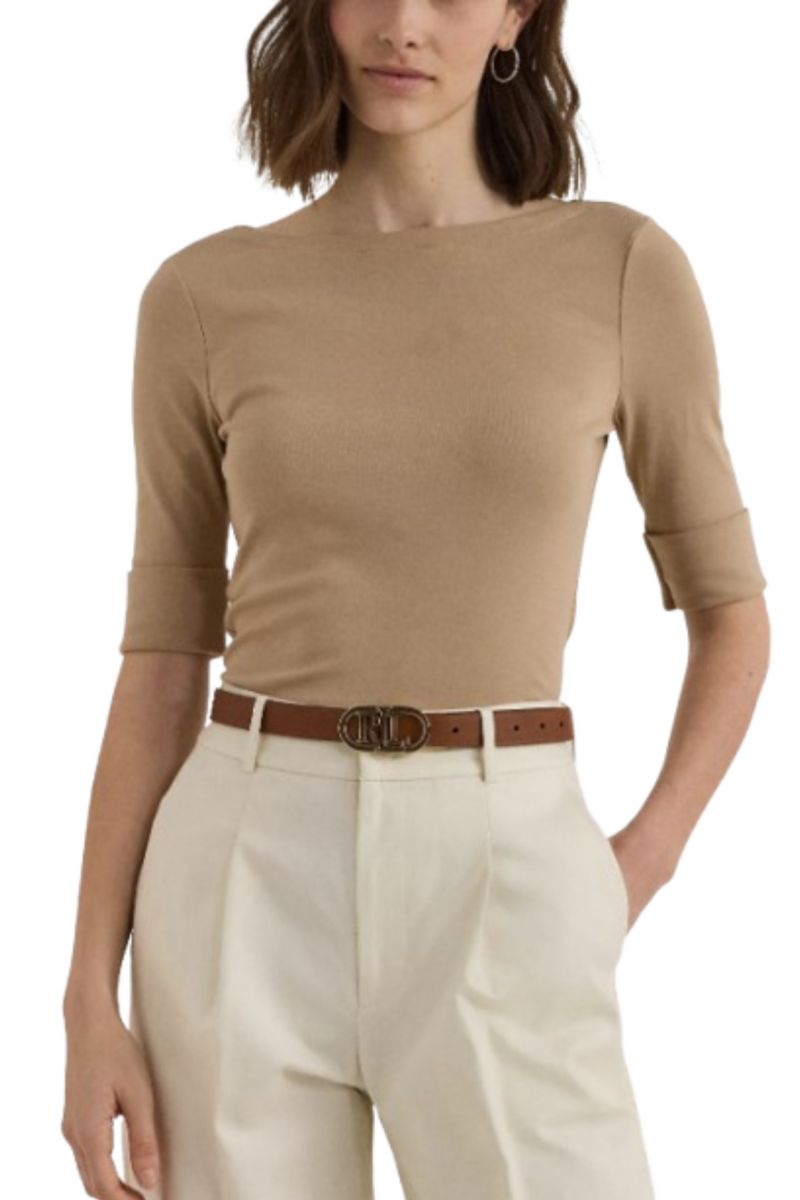 LAUREN RALPH LAUREN RFND STRTCH 1X1 RIB-ELB SLV BT NK TOP TAN