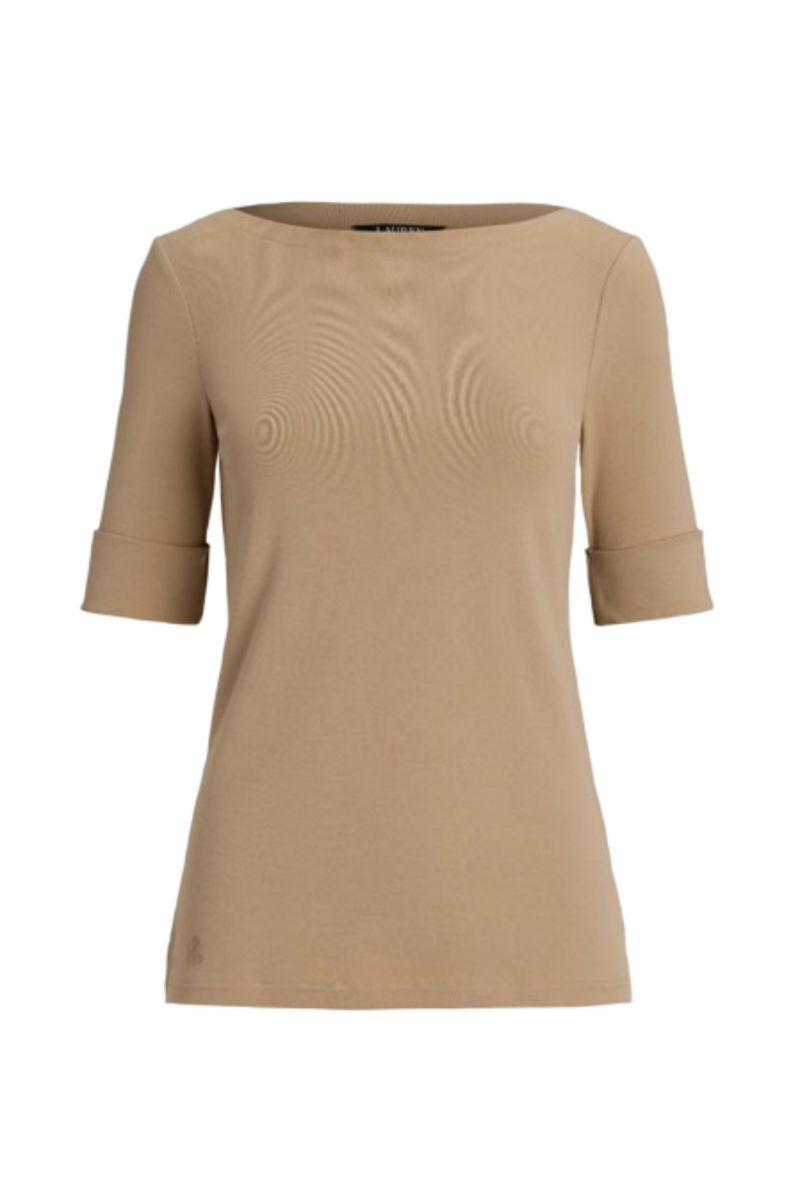 LAUREN RALPH LAUREN RFND STRTCH 1X1 RIB-ELB SLV BT NK TOP TAN