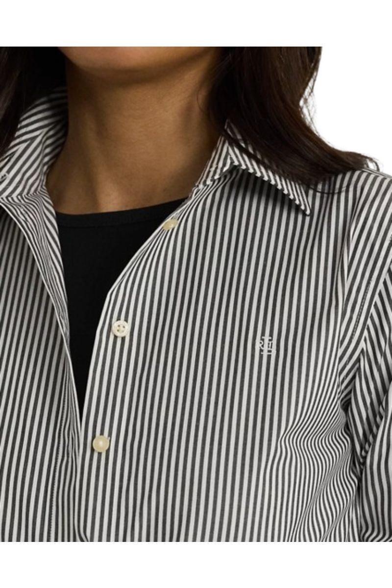 LAUREN RALPH LAUREN 50S STRTCH NON IRON-LS SHIRT W/ CHST EMB BLACK/WHITE