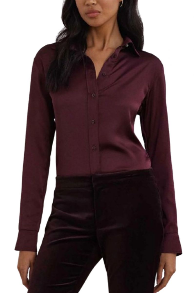 LAUREN RALPH LAUREN STRETCH CHARMEUSE-SHIRT DARK RED