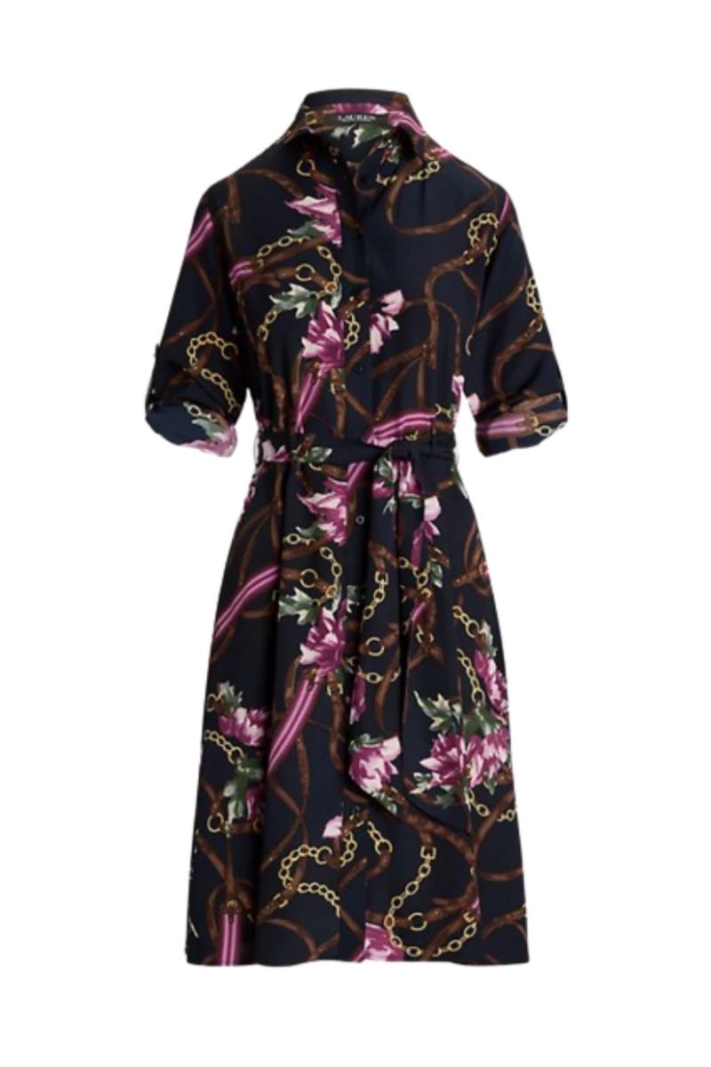 LAUREN RALPH LAUREN MIDI SHIRT DRESS WITH CHAINS MULTI NAVY BLUE