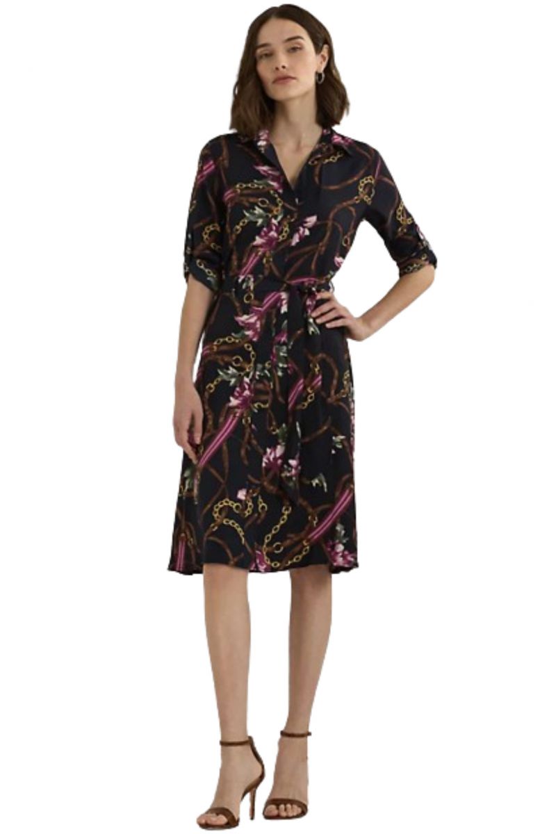 LAUREN RALPH LAUREN MIDI SHIRT DRESS WITH CHAINS MULTI NAVY BLUE