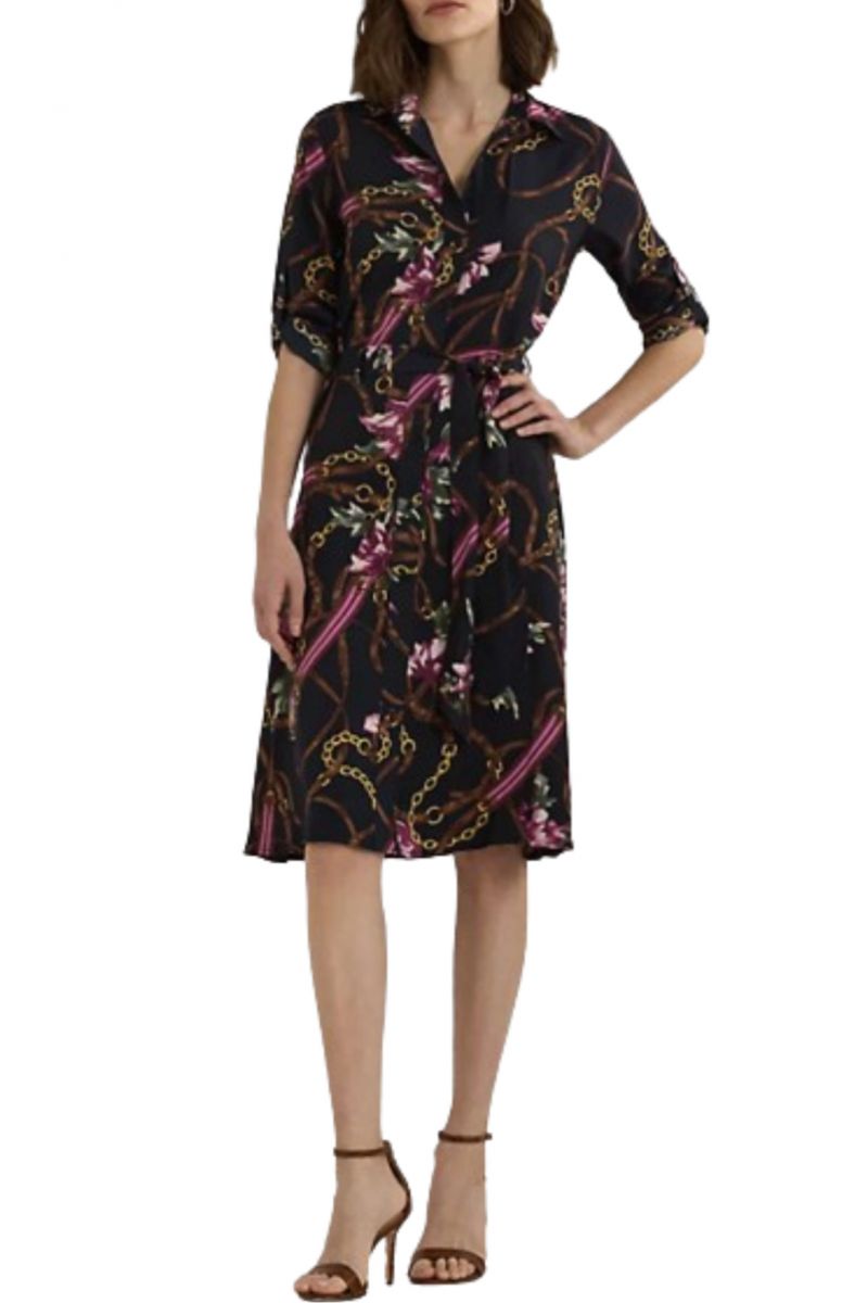 LAUREN RALPH LAUREN MIDI SHIRT DRESS WITH CHAINS MULTI NAVY BLUE