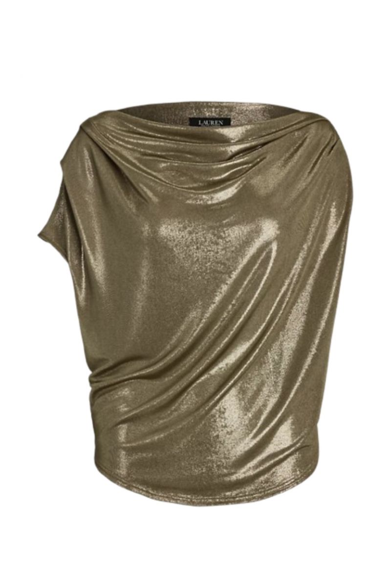 LAUREN RALPH LAUREN FOIL PRINTED JERSEY-SSL-PLO METALLIC GOLD