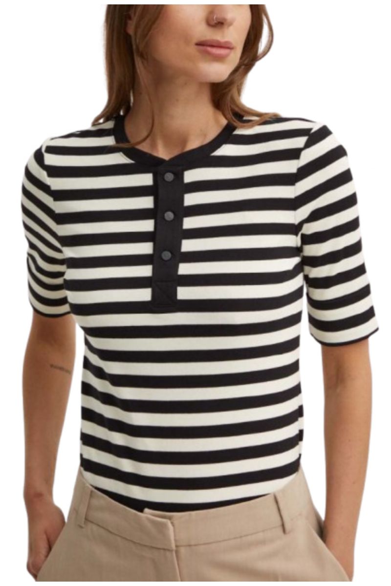 LAUREN RALPH LAUREN RFND STRTCH 1X1 RIB-MSL-TSH STRIPED BLACK/ECRU