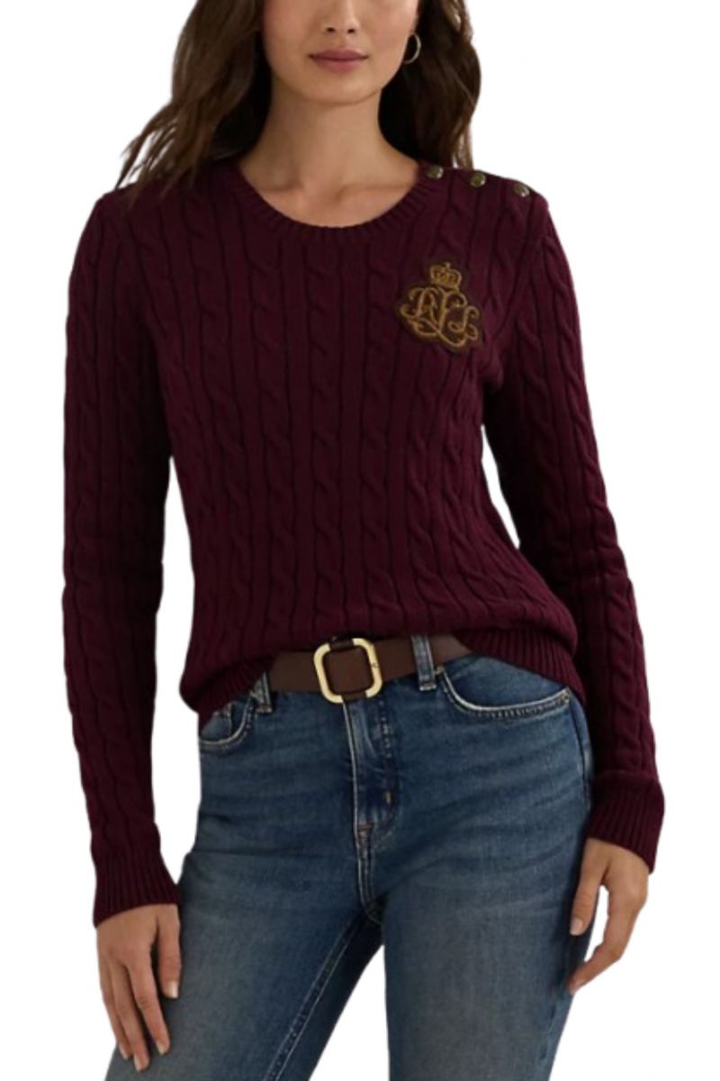 LAUREN RALPH LAUREN GASSED COTTON-LS SWEATER DARK RED