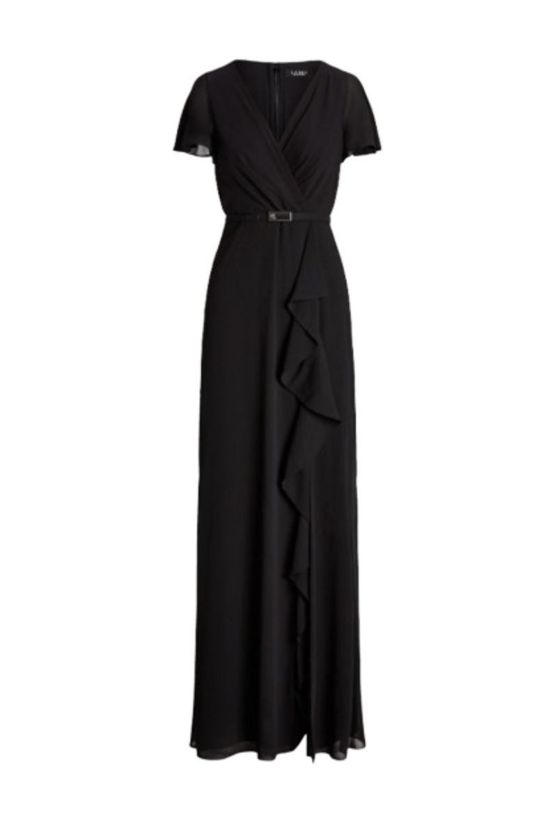 LAUREN RALPH LAUREN POLY CRINKLE GGT 58-GOWN W/ BELT BLACK