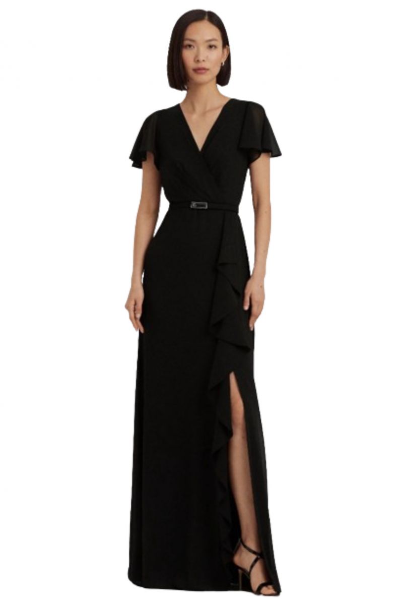 LAUREN RALPH LAUREN POLY CRINKLE GGT 58-GOWN W/ BELT BLACK