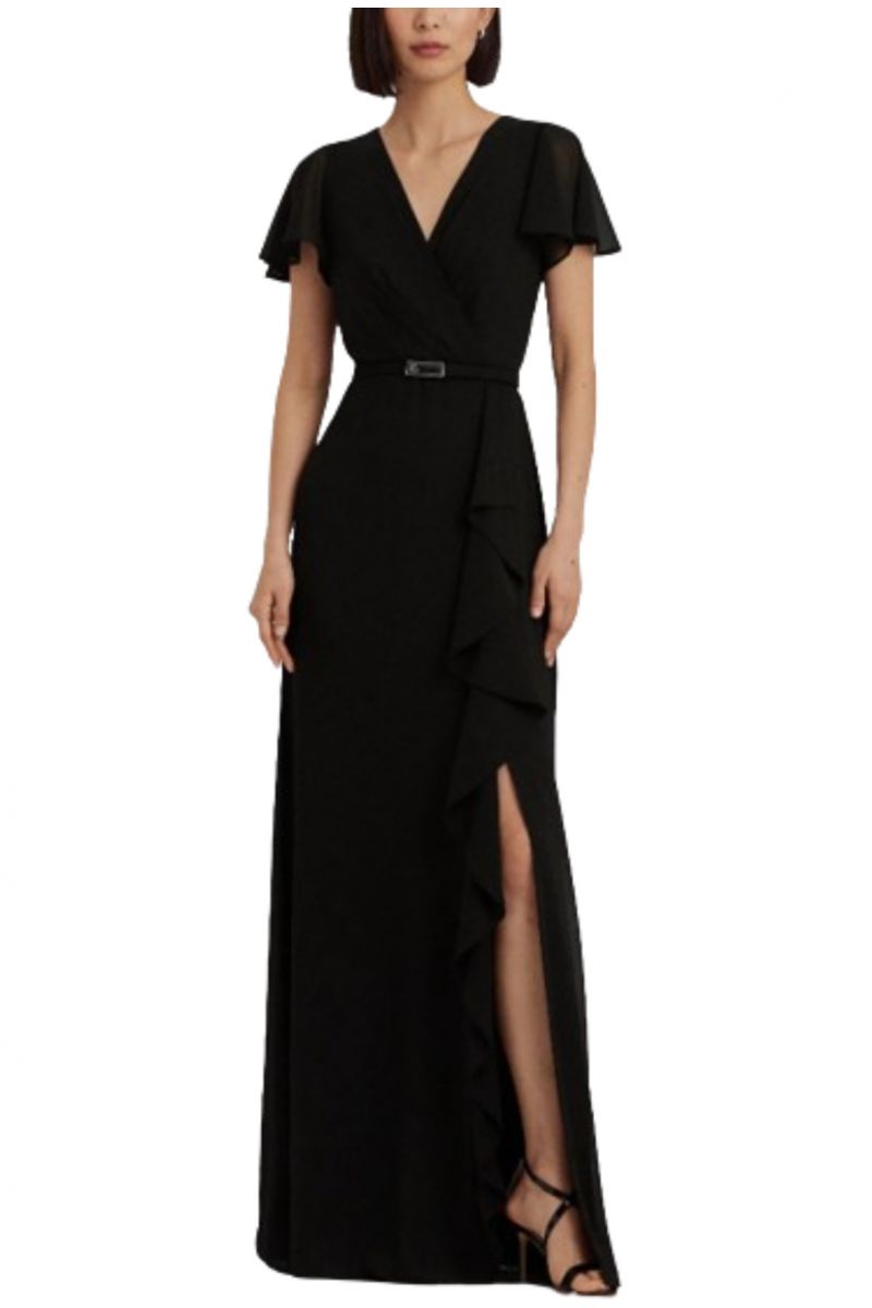 LAUREN RALPH LAUREN POLY CRINKLE GGT 58-GOWN W/ BELT BLACK