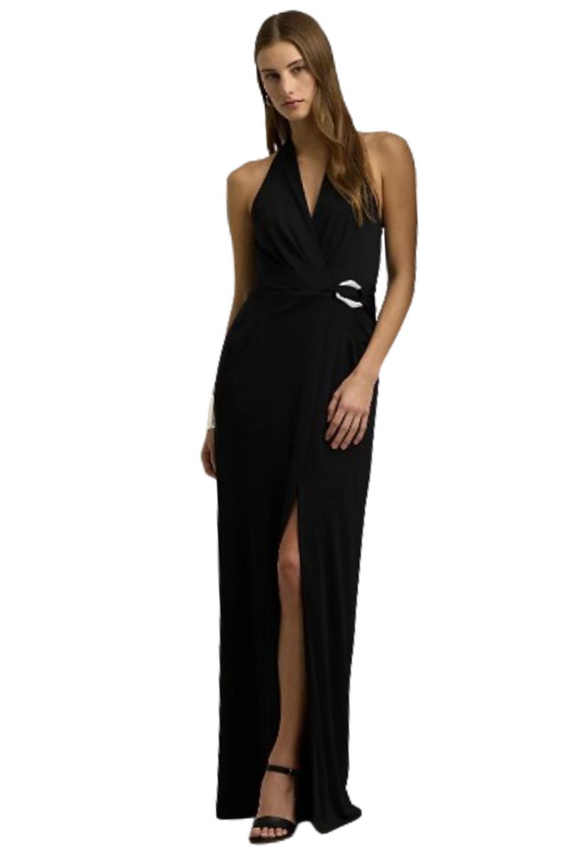 LAUREN RALPH LAUREN STR MATTE JERSEY-GOWN W/ TRIM BLACK