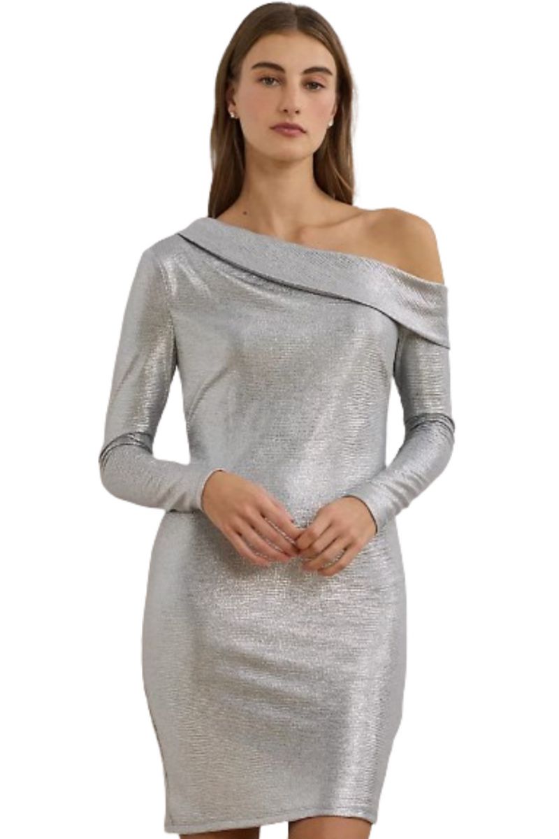 LAUREN RALPH LAUREN ILLMNTG STRCH KNIT-COCKTAIL DRESS SILVER