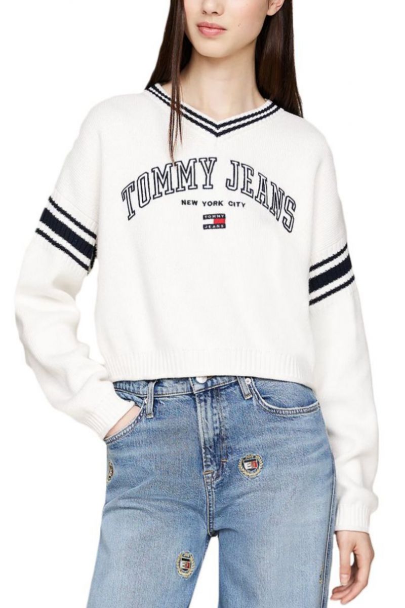 TOMMY HILFIGER TJW CRP VARSITY V-NECK SWEATER ANCIENT WHITE