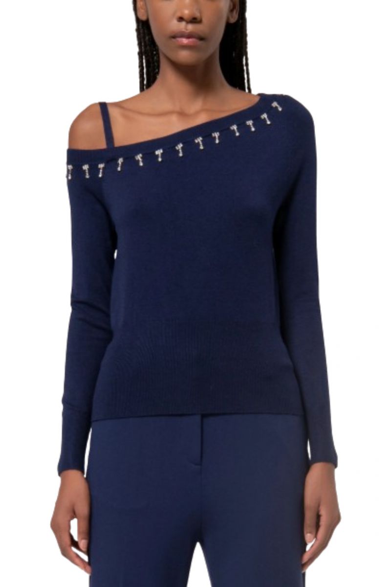 FRACOMINA KNITTED EMBELLISHED ASYMMETRIC SWEATER DARK BLUE