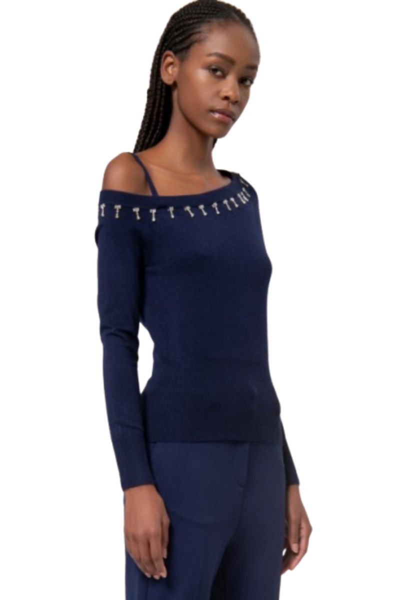 FRACOMINA KNITTED EMBELLISHED ASYMMETRIC SWEATER DARK BLUE