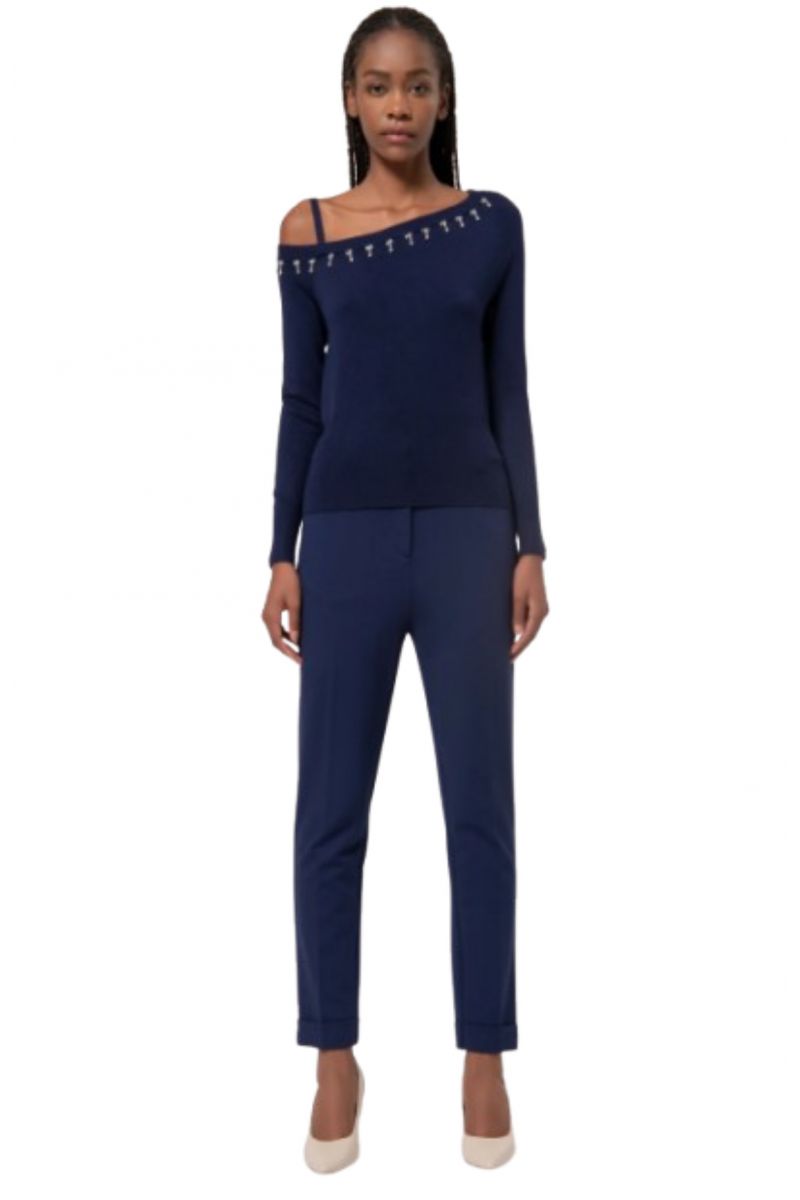 FRACOMINA KNITTED EMBELLISHED ASYMMETRIC SWEATER DARK BLUE