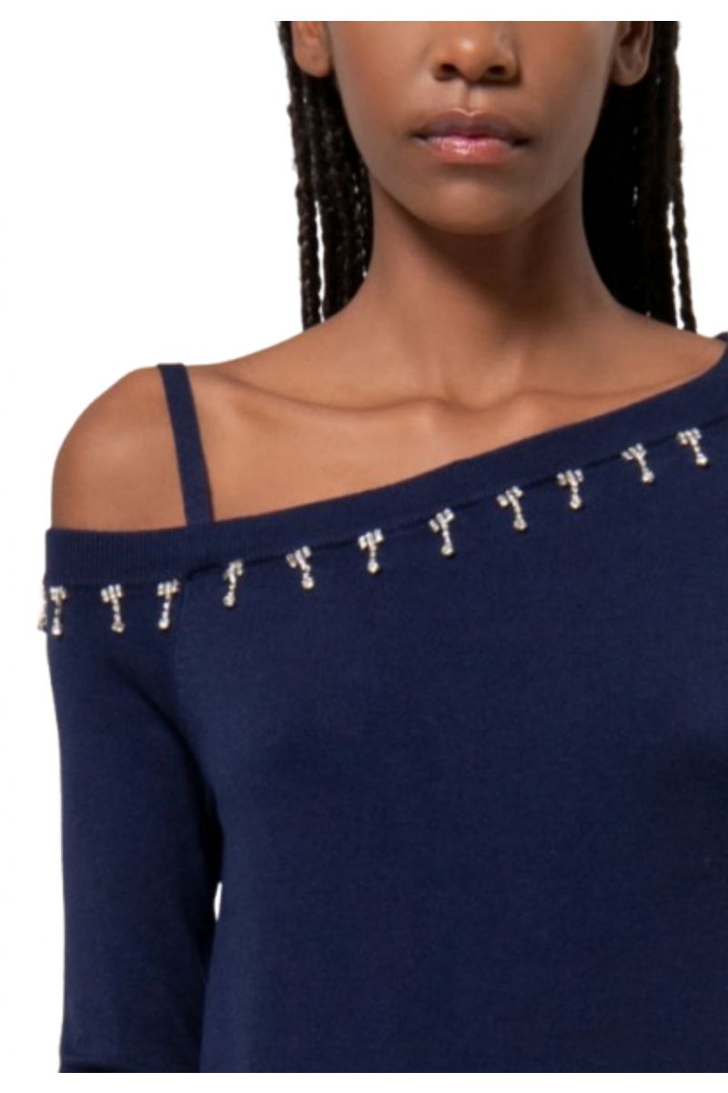 FRACOMINA KNITTED EMBELLISHED ASYMMETRIC SWEATER DARK BLUE