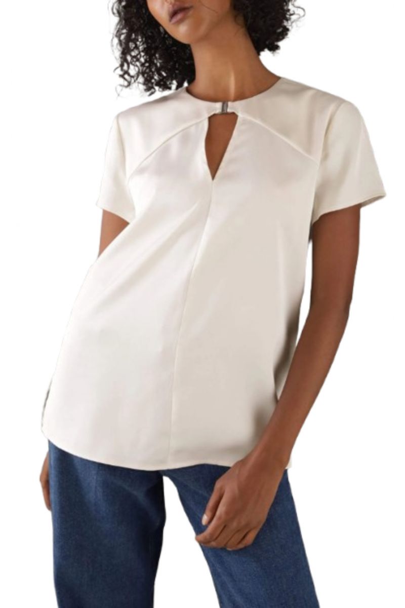 CALVIN KLEIN LW SHINY SATIN SS BLOUSE EGRET