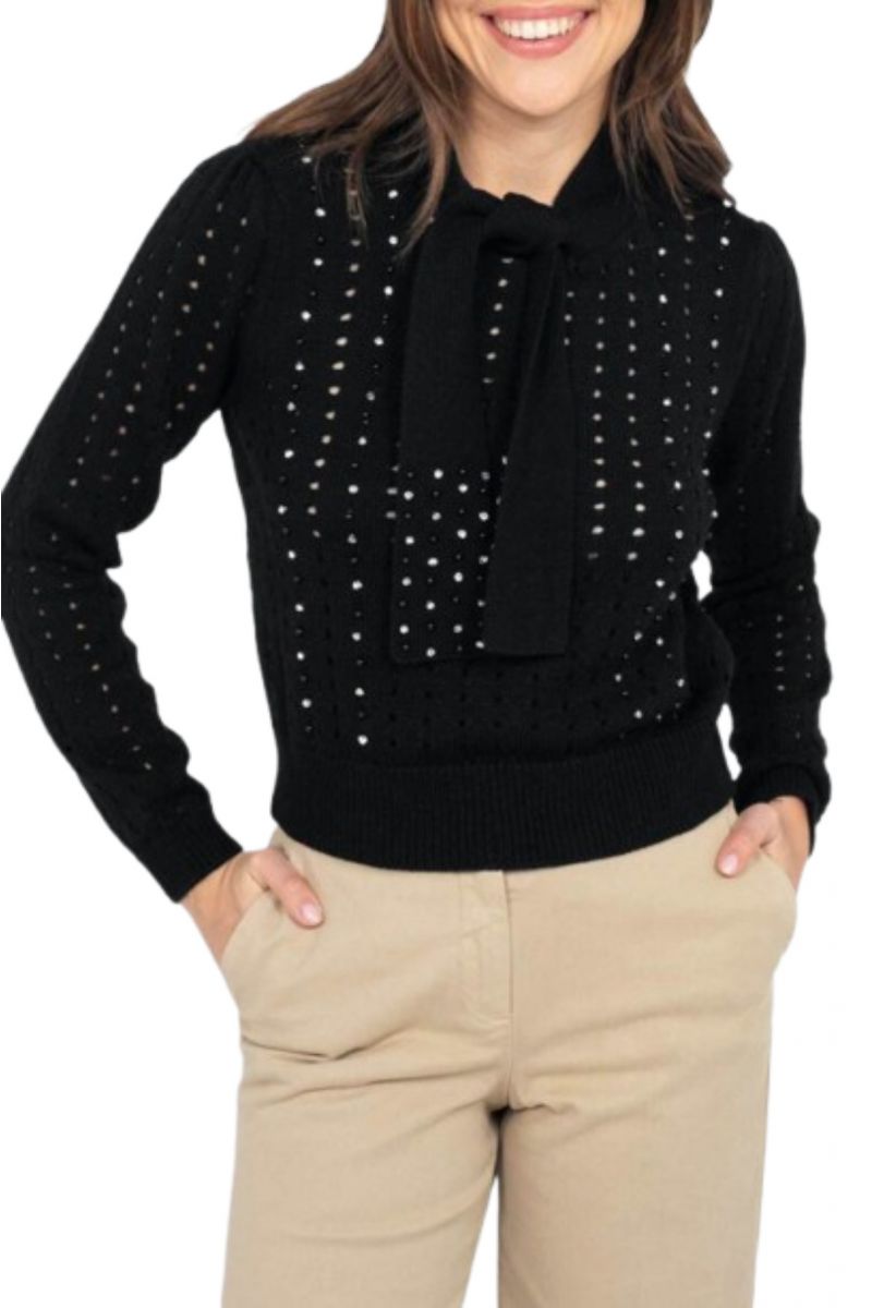 DIANA GALLESI BLOUSE WITH TIE AND RHINESTON DEPOSIT BLACK