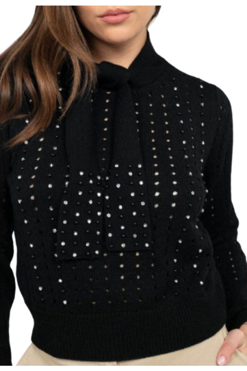 DIANA GALLESI BLOUSE WITH TIE AND RHINESTON DEPOSIT BLACK