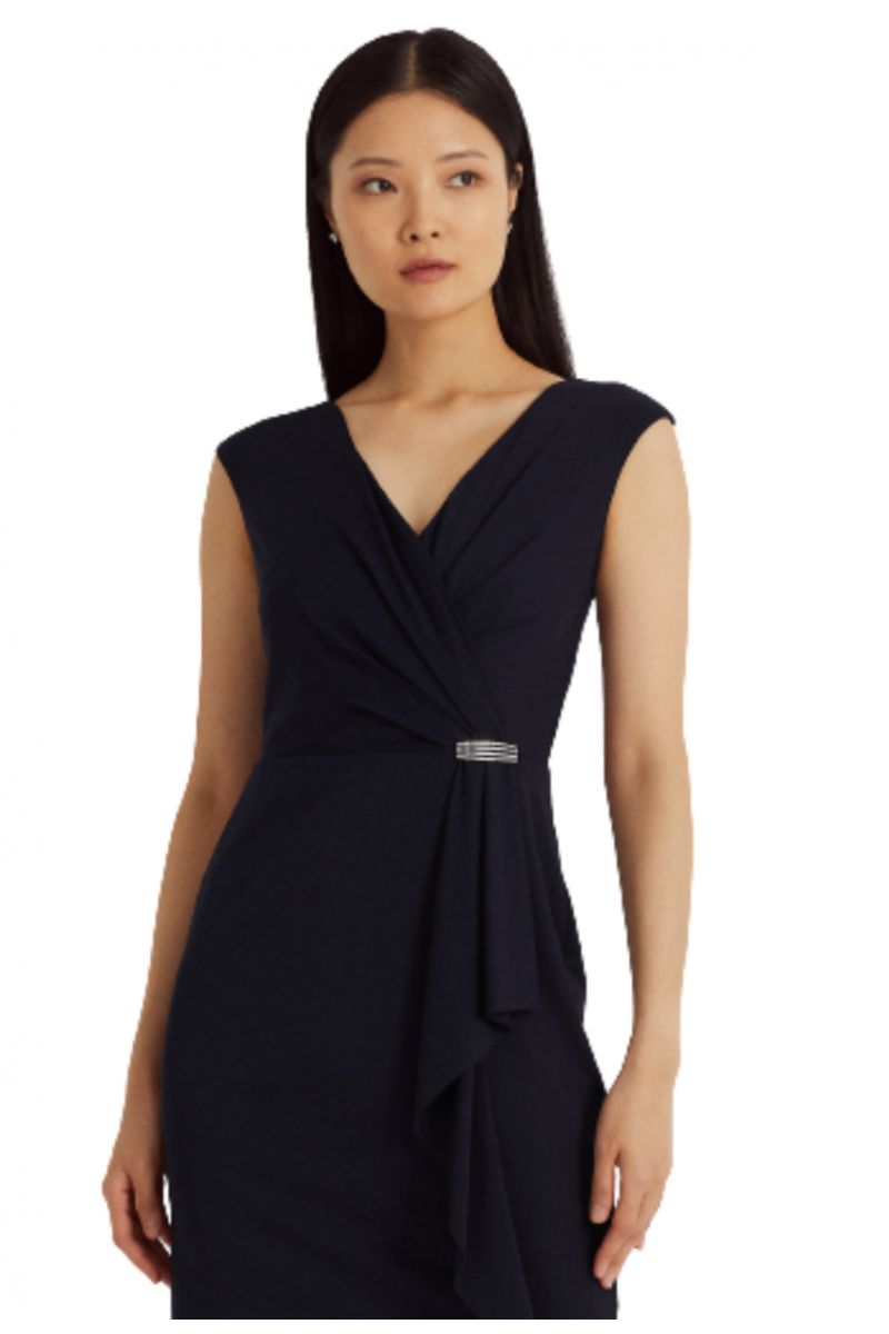 LAUREN RALPH LAUREN STR MATTE JERSEY-CKTL DRESS W/ TRIM NAVY BLUE