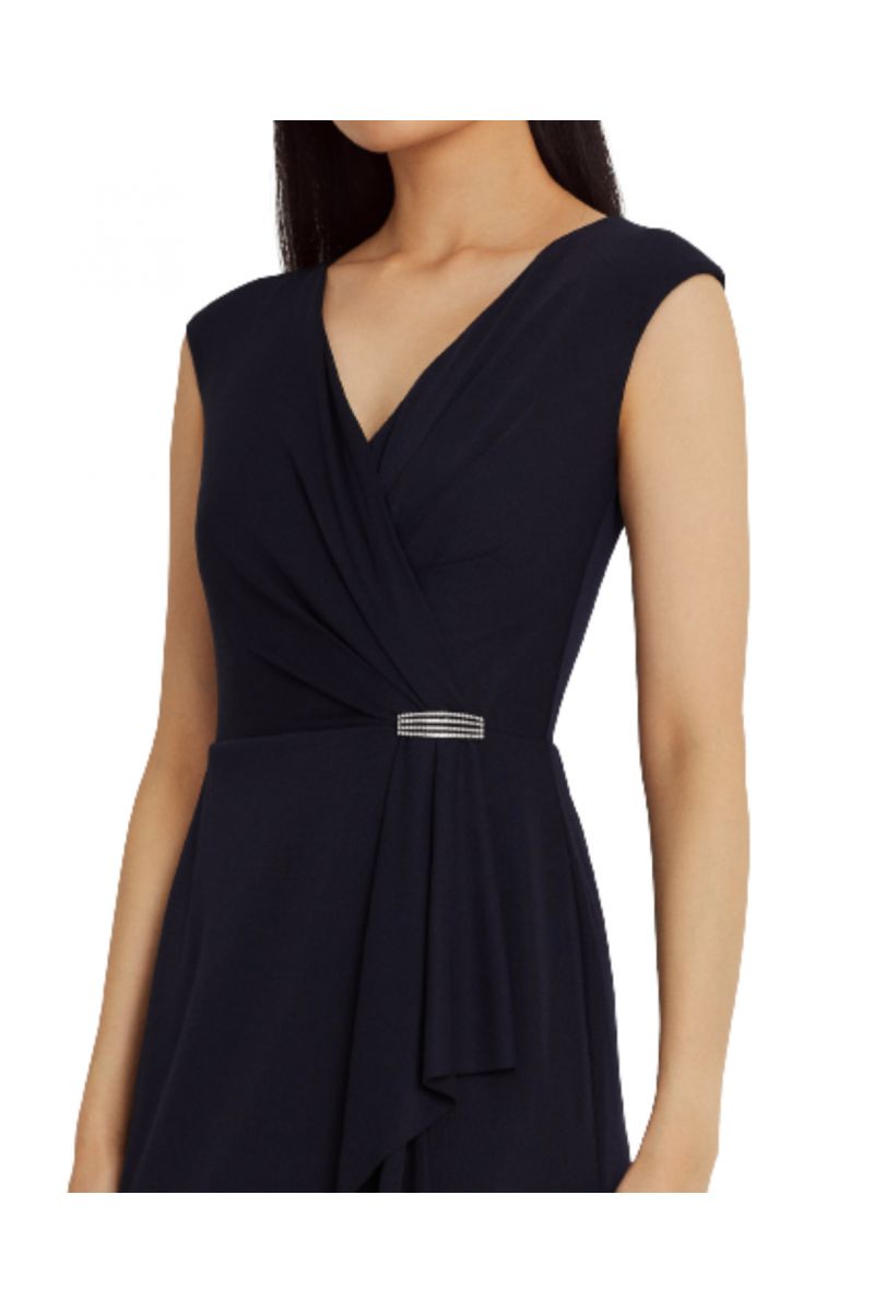 LAUREN RALPH LAUREN STR MATTE JERSEY-CKTL DRESS W/ TRIM NAVY BLUE