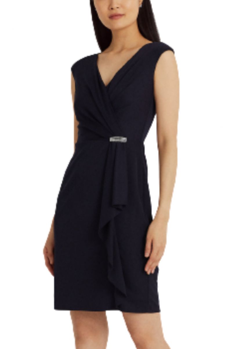 LAUREN RALPH LAUREN STR MATTE JERSEY-CKTL DRESS W/ TRIM NAVY BLUE