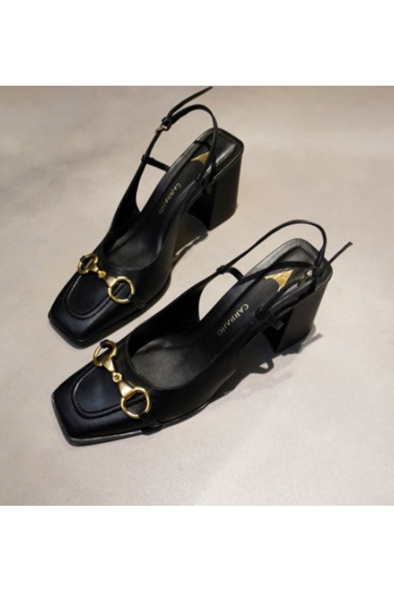 CARRANO E67410 MESTICO MEDIUM HEEL SANDAL WITH GOLD BUCKLE GENUINE LEATHER BLACK