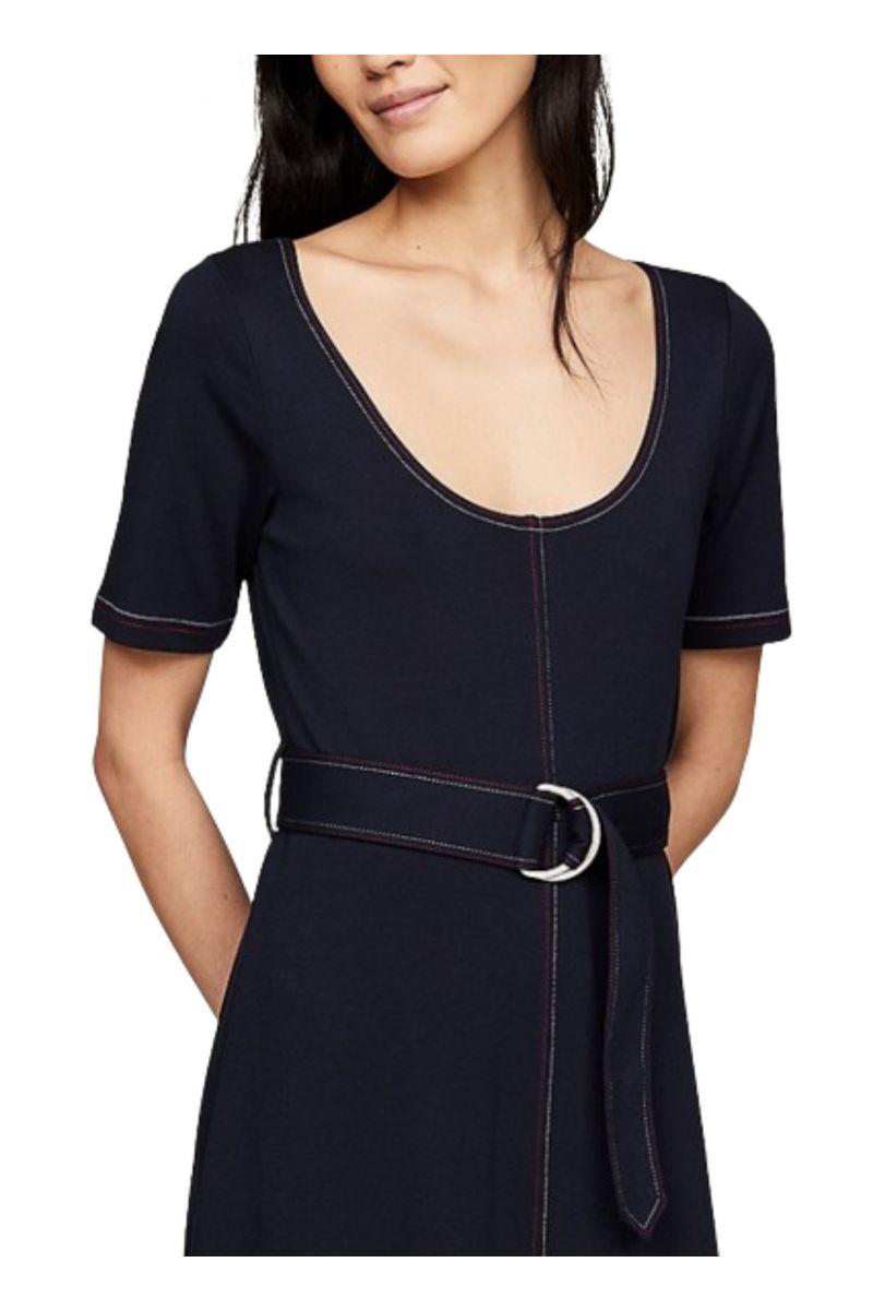 TOMMY HILFIGER GBL STP NK 1/2 SLV MIDI DRESS DESERT SKY