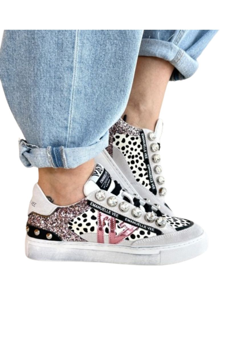 EMANUELLE VEE - SNEAKER OLIVIA MULTIMATERIAL+STRASS P011 COW SPLIT COMBI