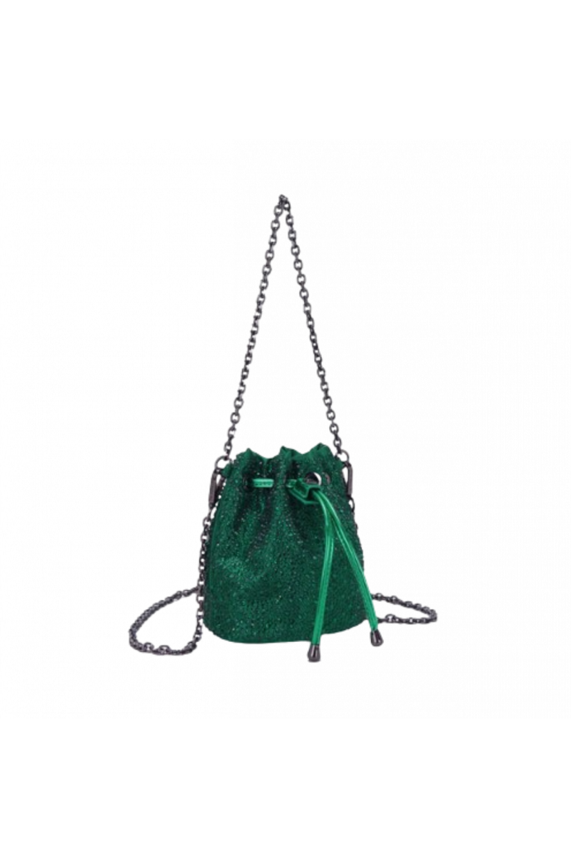 LA CARRIE - NIGHT ED. STRASS SMALL BUCKET SATIN GREEN