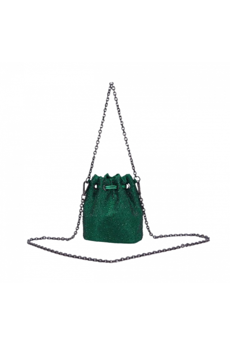 LA CARRIE - NIGHT ED. STRASS SMALL BUCKET SATIN GREEN