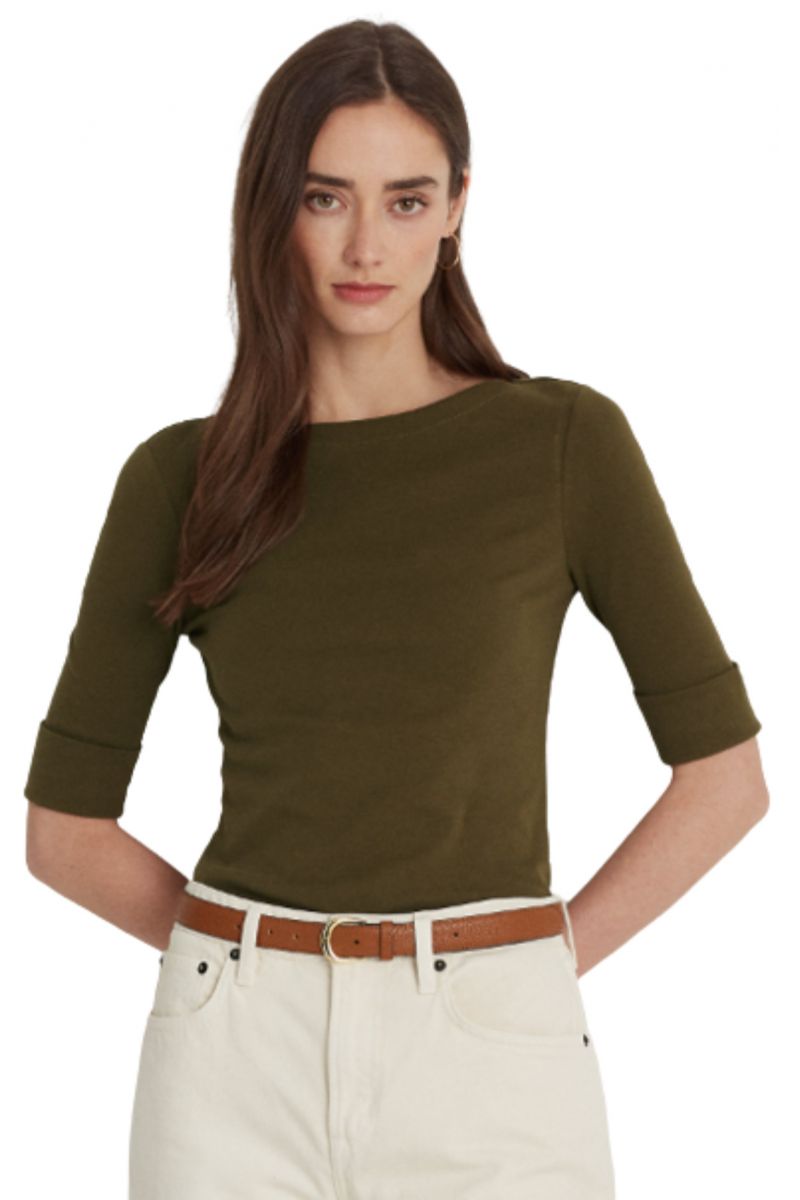 LAUREN RALPH LAUREN RFND STRTCH KHAKI 1X1 RIB-ELB SLV BT NK TOP