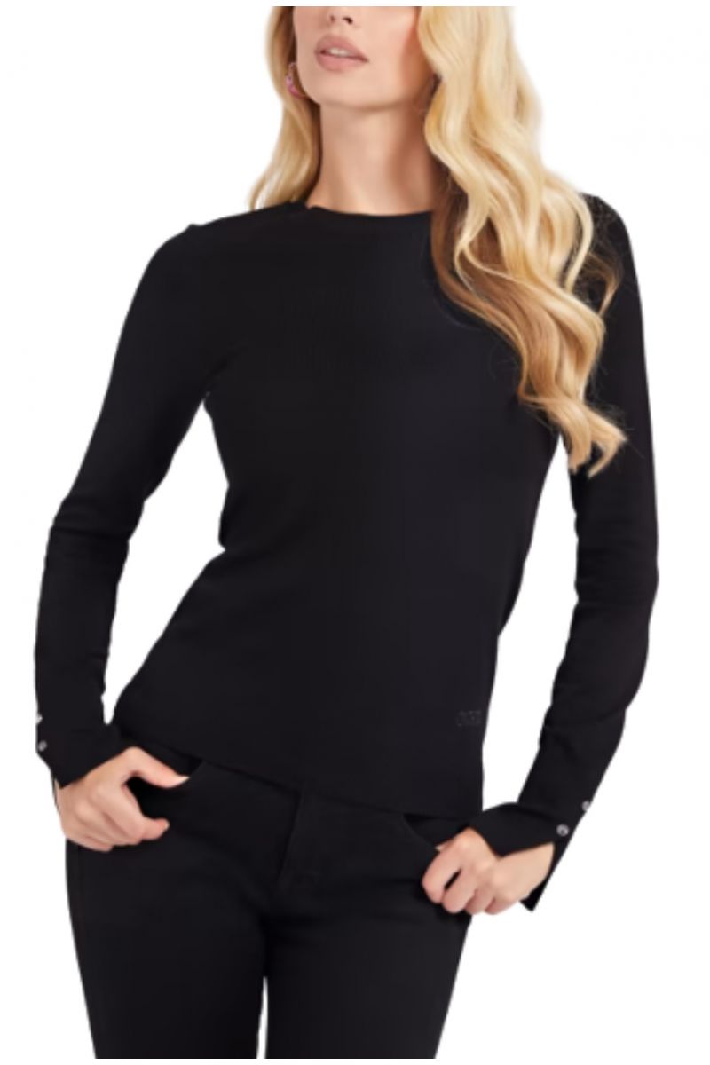 GUESS ELINOR RN LS SWTR KNIT SWEATER BLACK