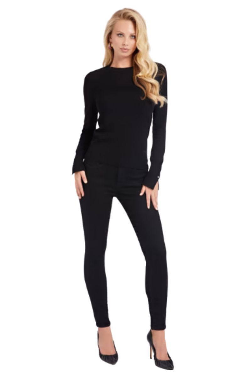 GUESS ELINOR RN LS SWTR KNIT SWEATER BLACK