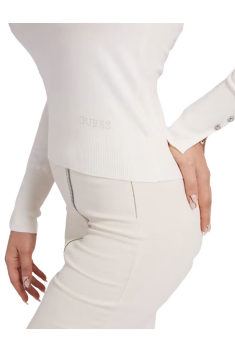 GUESS ELINOR RN LS SWTR KNIT WHITE