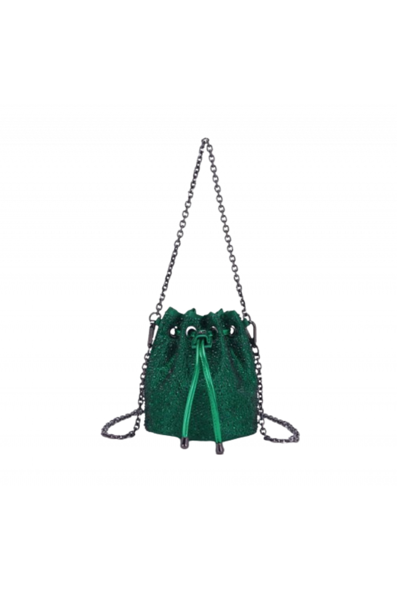 LA CARRIE - NIGHT ED. STRASS SMALL BUCKET SATIN GREEN