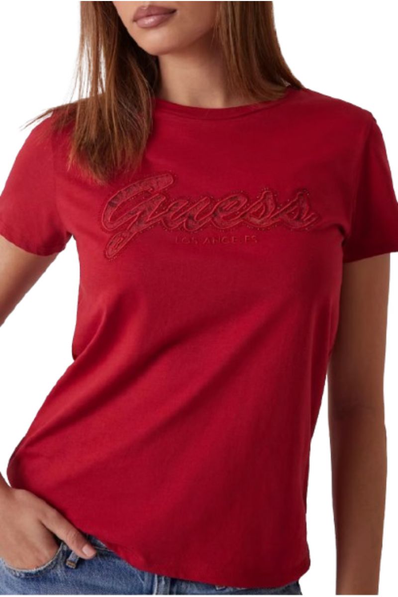 GUESS - SS SCRIRT LACE LOGO EASY TEE WINE-RED - 357497