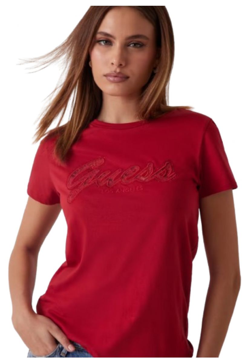 GUESS - SS SCRIRT LACE LOGO EASY TEE WINE-RED - 357497